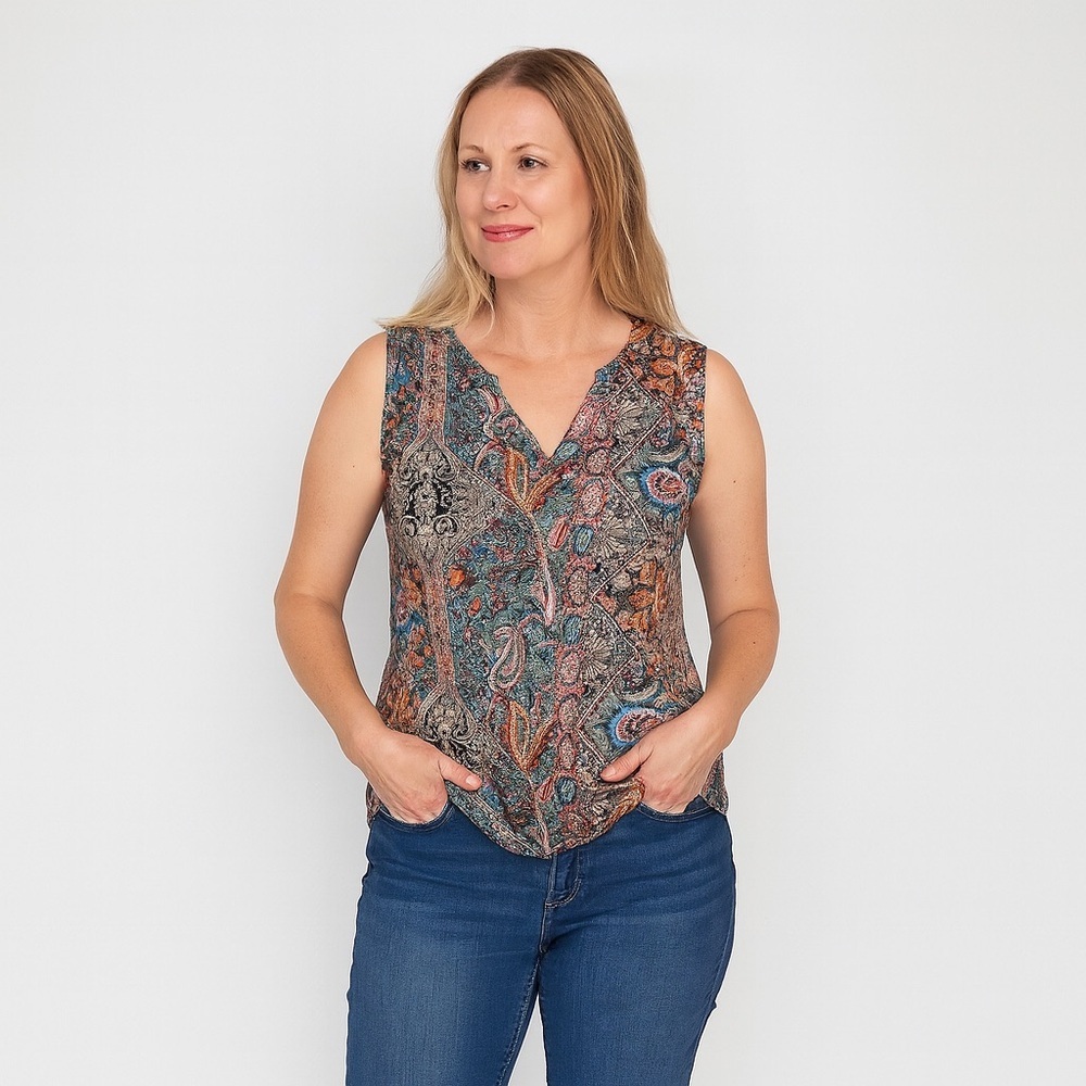 Roman Elegant Paisley V-Neck Blouse - Multicolor. Size Large.